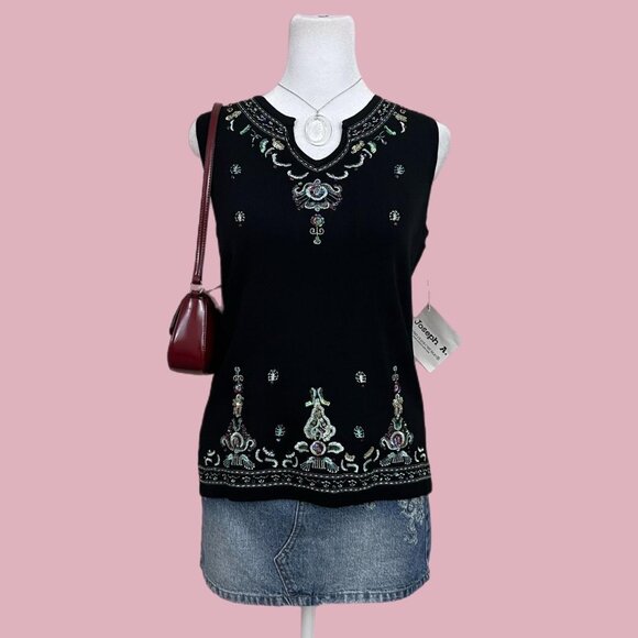 black sequin vintage 90s sleeveless top boho whimsygoth grunge downtown it girl - Picture 1 of 8